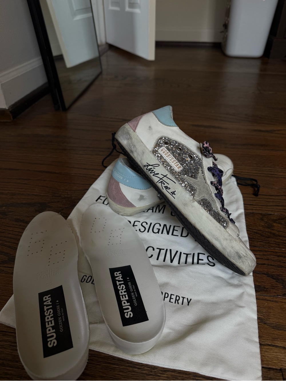 Golden Goose White Sneakers with Gold Glitter & Pastel Blue-Pink Accents